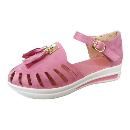 

iOPQO Women s sandals Women s Fashion Wedge Fringe Buckle Strap Sandals Ladies Cusual Solid Shoes Thick Bottom Wedge Heel Pink 42