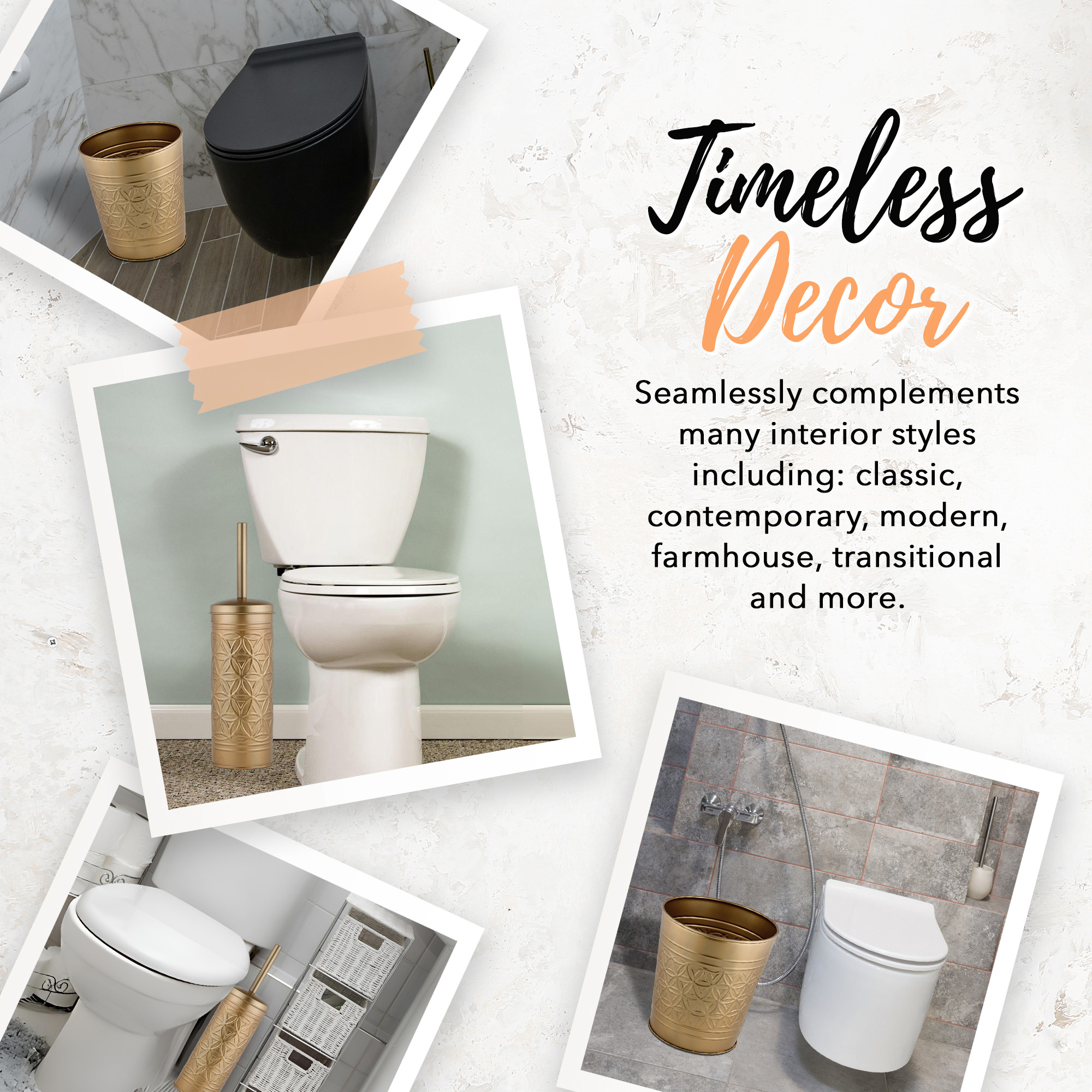 Autumn Alley Farmhouse Gold Bathroom Accessories Set – Includes Gold Bathroom Trash Can & Toilet Brush with Holder, Handcrafted Modern Waste Bin & Standing Toilet Brush, Embossed Metal Design Décor