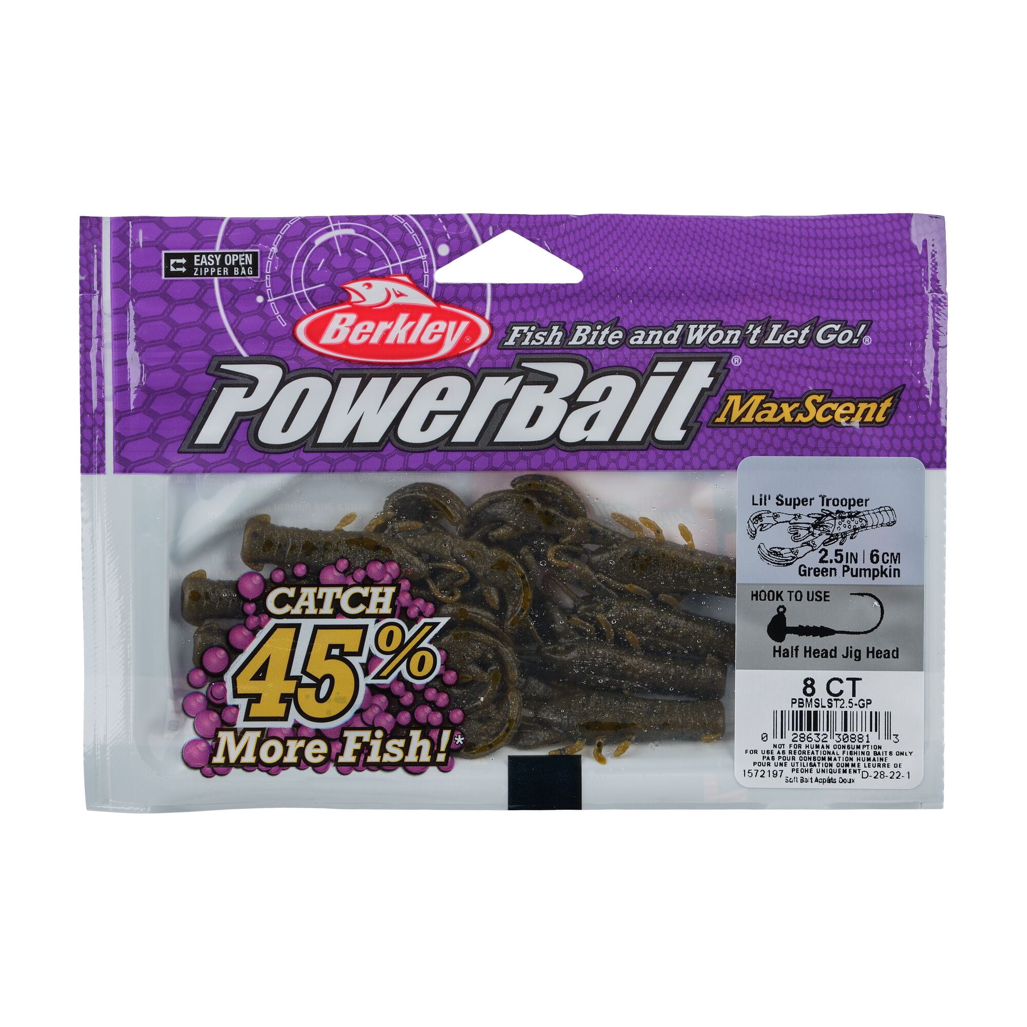 Berkley PowerBait® MaxScent Lil' Super Trooper, 2.5 in, Craws, Green Pumpkin (8-count)