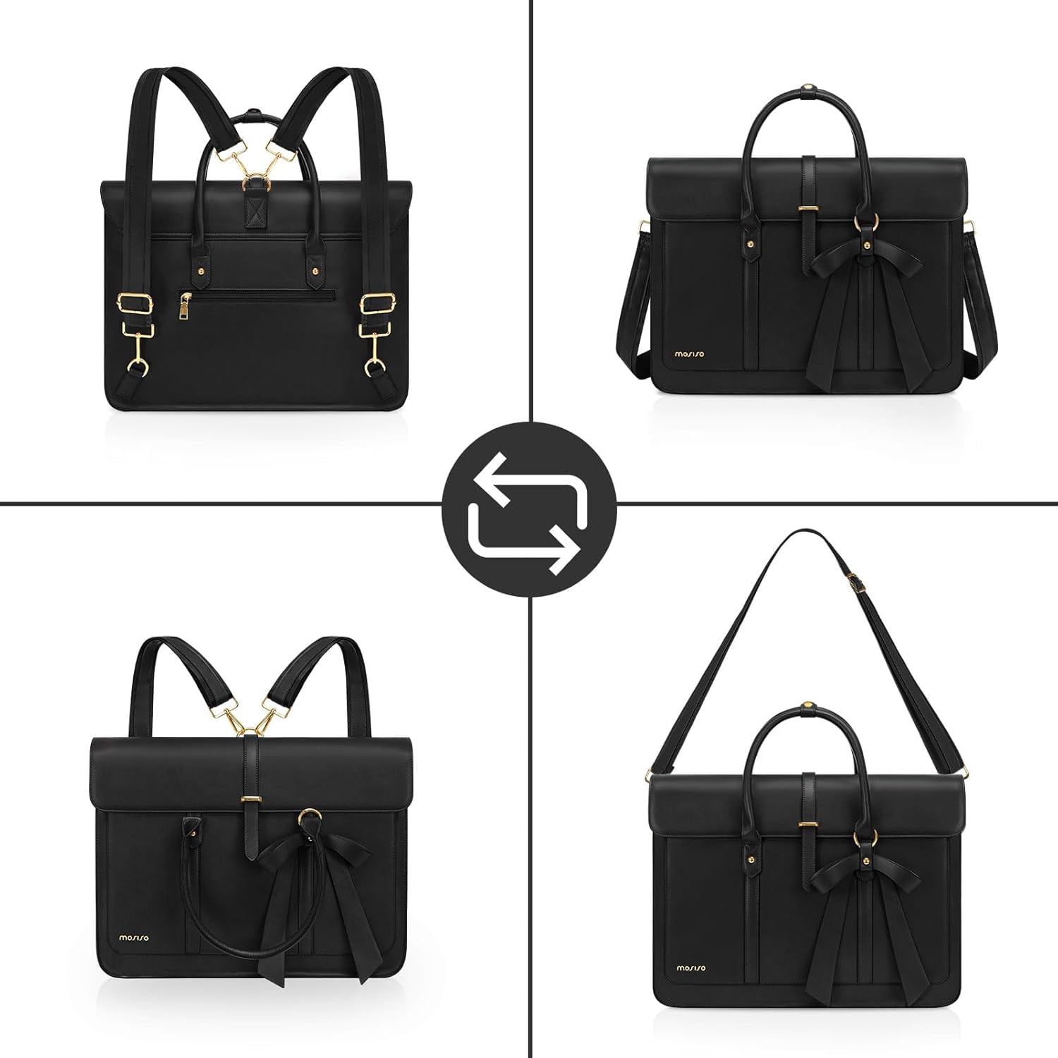 Mosiso Laptop Tote Bag for Women, 15-15.6 inch PU Leather Shoulder Bag Convertible Backpack, Casual Travel Handbag Office Work Computer Briefcase, Black