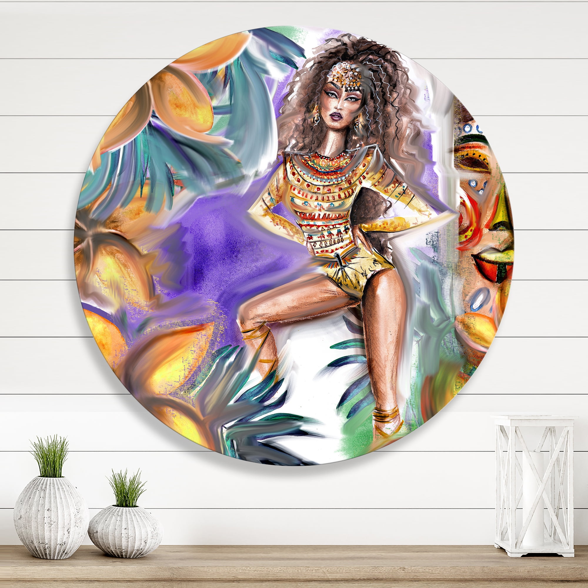 Designart 'Tropical Amazon Warrior Woman ' Traditional Circle Metal Wall Art 11x11 - Disc of 11