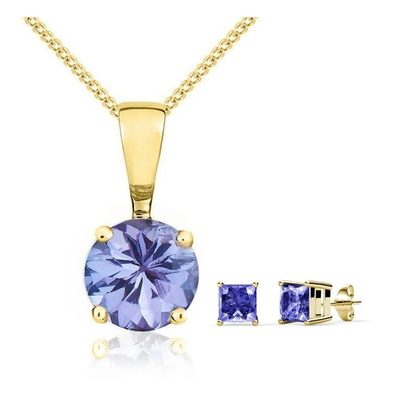 18k Yellow Gold 3 Ct Tanzanite Round Necklace & Earrings Set 18 inch Cable Chain for Women Plated by Paris Jewelry