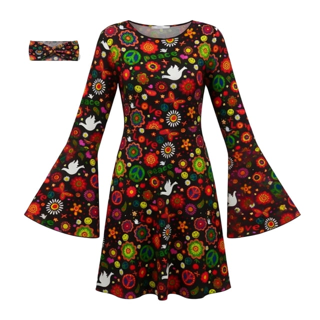 Ensemble de Cour pour Usage Quotidien Élégant Robe Hippie Disco des Années 70 avec Foulard et Robe Imprimée