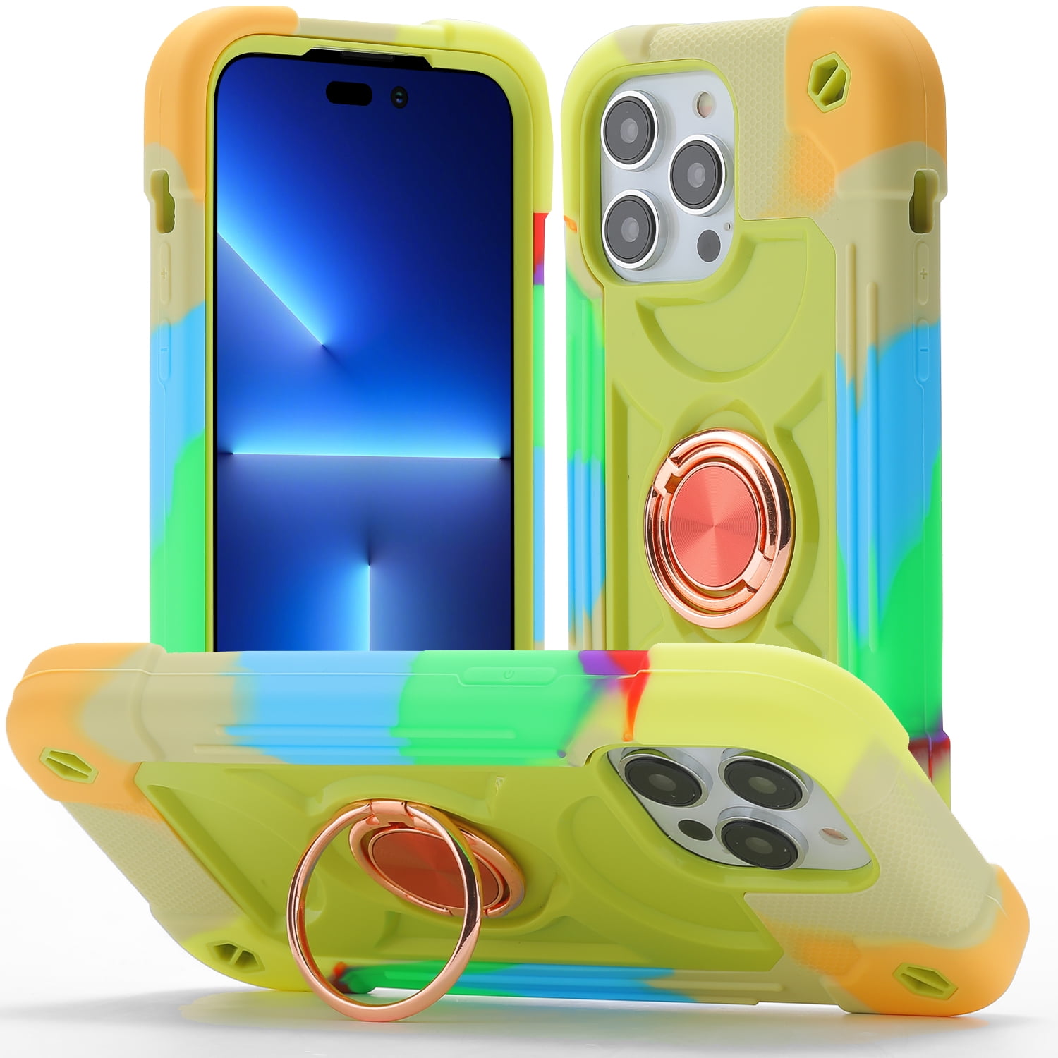 for iPhone XS Max Case with Ring Stand, Heavy Duty Military Grade Rugged Shockproof Silicone Rubber Magnetic Kickstand Holder Case for Women Girls For iPhone XS Max, Yellow Green