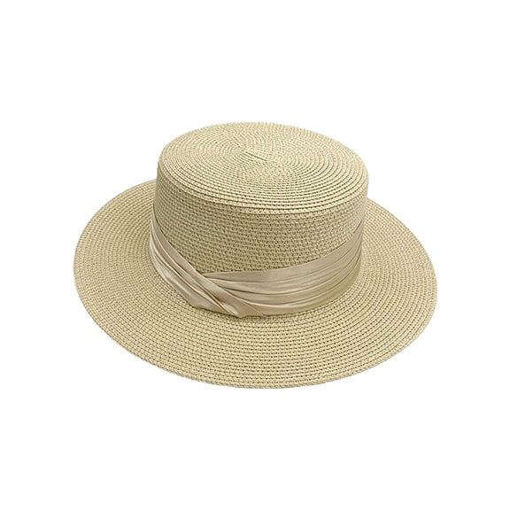 JFGHDG Woven Straw Boater Hat Flat‑top Crown Wide Flat Brim Twisted Satin Ribbon Band Breathable UV‑Protection Sun Hat For Vacation Outdoor Wear Beige One Size