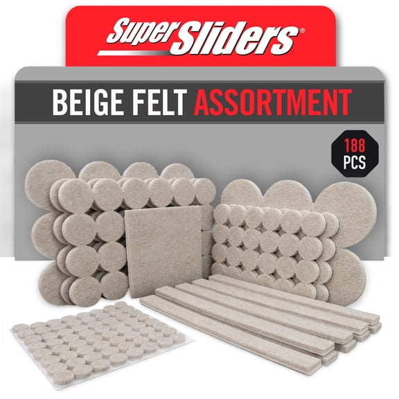 Super Sliders Felt Furniture Pads Assortment, Beige, 188 Piece Multi-Size Pack, Floor Protectors for Hardwood, Tile, Laminate & Vinyl Floors
