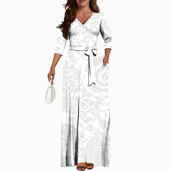 New Custom Polynesian Samoan Tribal Pattern White Gray Design Big Size Dress Elegant Long Dress