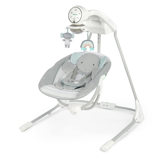 Ingenuity InLighten Columpio para bebé de 5 velocidades - Asiento giratorio para bebé, arnés de seguridad de 5 puntos, sonidos de la naturaleza, luces - Van Elephant