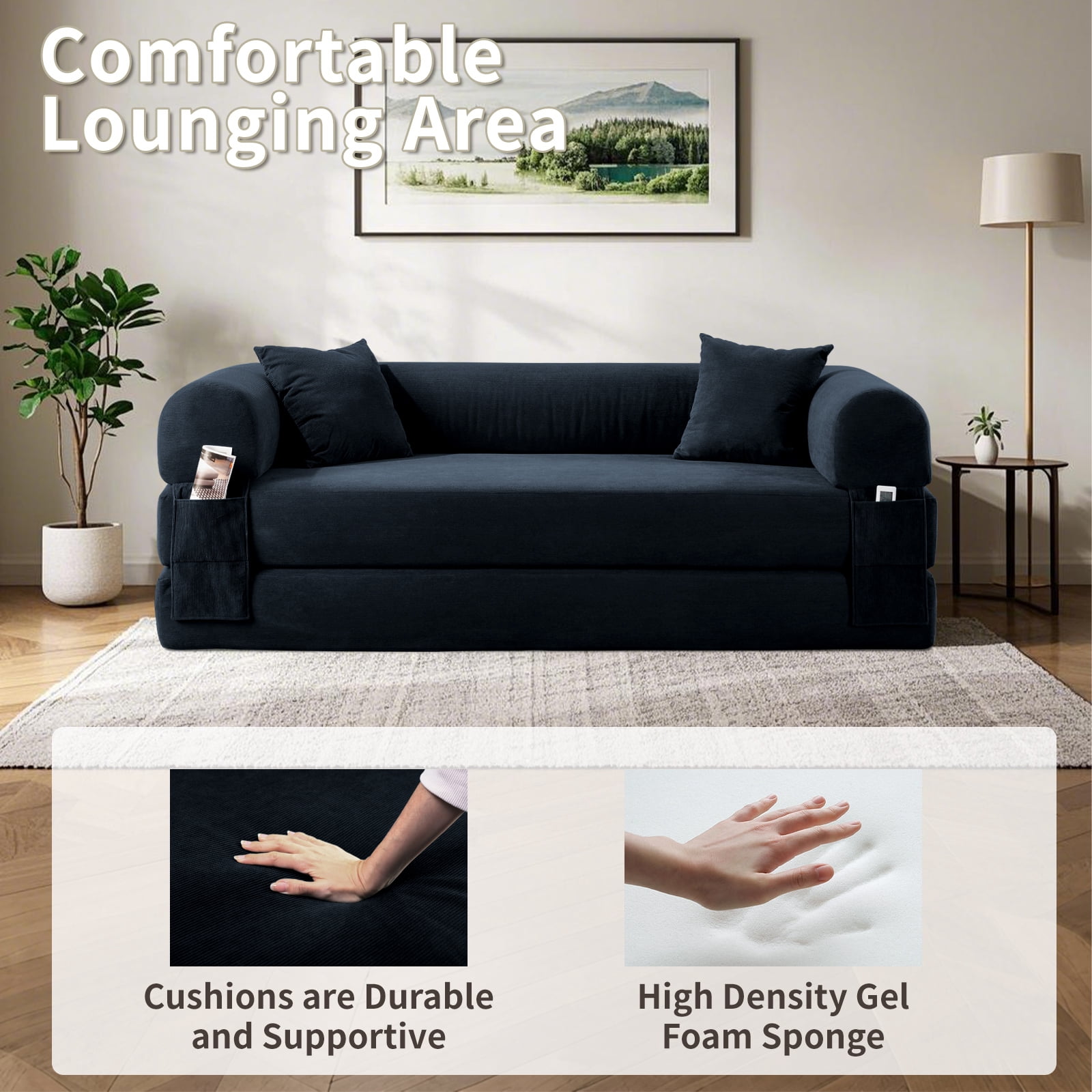 3 in 1 Convertible Sofa Bed, 80" Corduroy Folding Pull Out Couch with 2 Pillows, Floor Sofa with Side Storage for Living Room, No Assembly Modern Boneless Couch Compression Sofa, 35.4"W