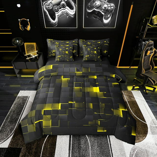 YST Abstract Geometric Twin Comforter Set 7 Pcs Abstract Black Yellow Check Bedding Set Stereoscopic Grid Plaid Bed in a bag Glowing Neon Light Square Bed Set With Sheets