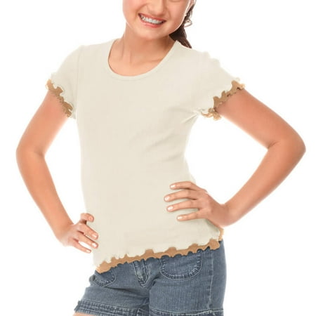 Lettuce Edge Ribbed Shirt - Kavio! Big Girls 7-16 Lettuce Edge Short Sleeve Top Nude/Camel L