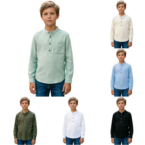 NinXxx Boys Button Up Long Sleeve Dress Lightweight Pocket Shirt Light Green 13-14 Years