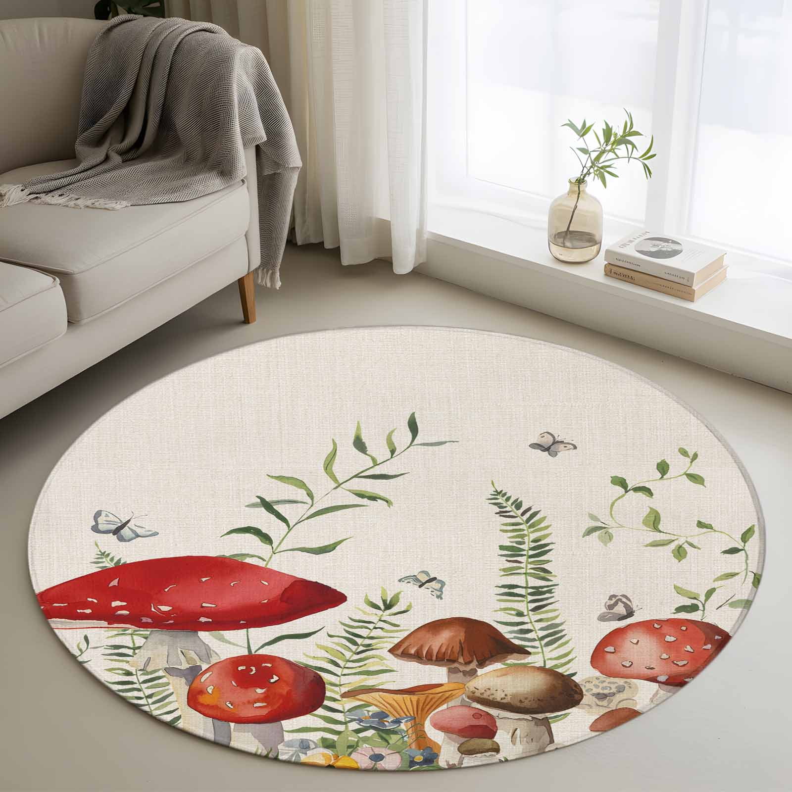 Round Rug 3ft Area Rug Country Mushrooms Butterflies Area Rugs for Living Room Bedroom Retro Farm Scenery on Linen Floor Mat Non-Slip Non-Shedding Carpet Indoor Accent Rugs