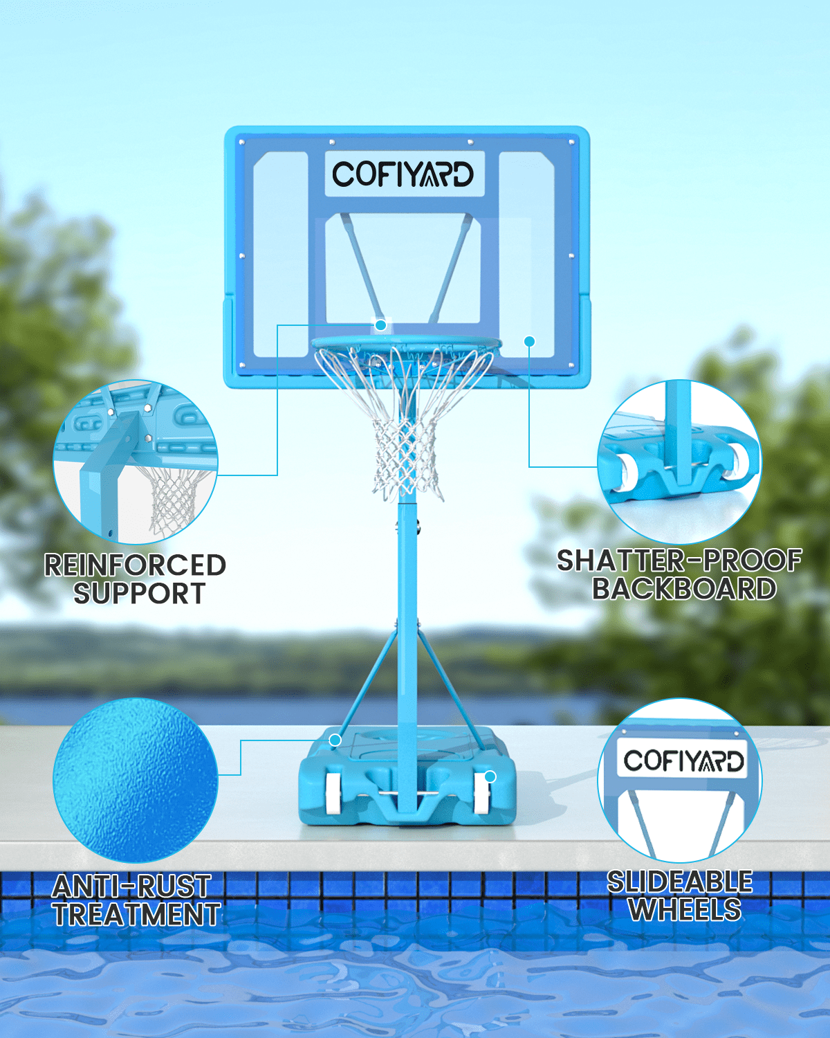 Cofiyard Swimming Pool Basketball Hoop, 32" Shatterproof PC Backboard, Adjustable Poolside Basketball Goal with 2 Balls Outdoor for Teens Adults