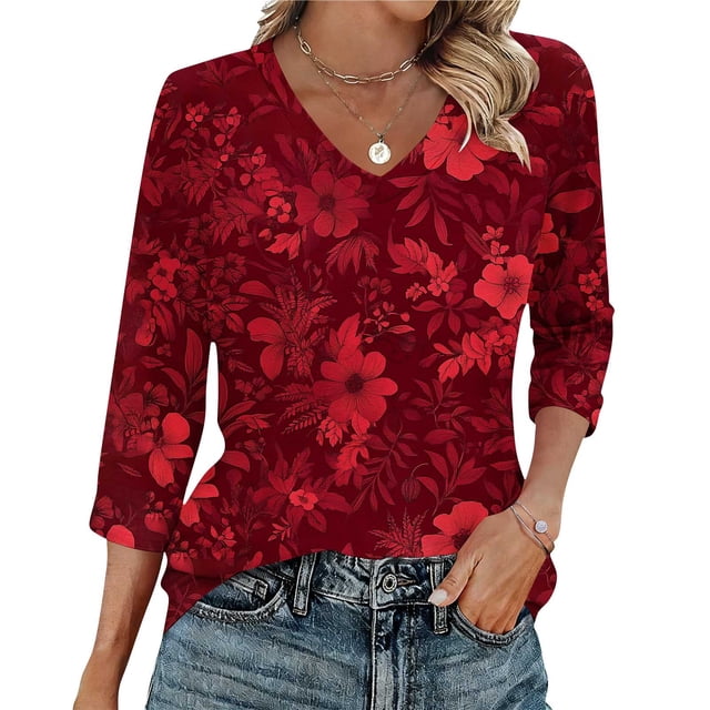 Ounisa T-Shirts à Manches 3/4 pour Femmes Col en V Manches Raglan Chandail Imprimé Décontracté Tendance Printemps Été Mode Hauts P-2TG
