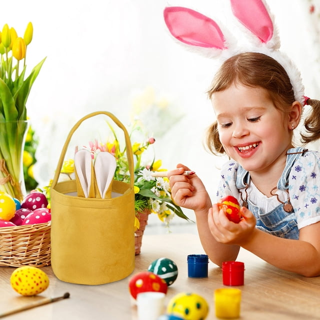 Cesta de conejo de Pascua con orejas ajustables - Diseño a cuadros, ideal para la búsqueda de huevos de Pascua para niños | Cesta de regalo de poliéster multicolor para dulces, juguetes y decoración