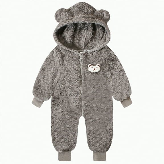 Ccpelsie Baby Snowsuit Bear Ear Hooded Jumpsuit Fleece Romper Zipper Winter Coat Outfits for Girl and Boy(Grey,12-18 Months)