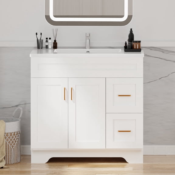 KZElegy 36inch Bathroom Vanity with Sink Freestanding Vanity Sink Cabinet with 2 Soft-Closing Doors & Drawers,White