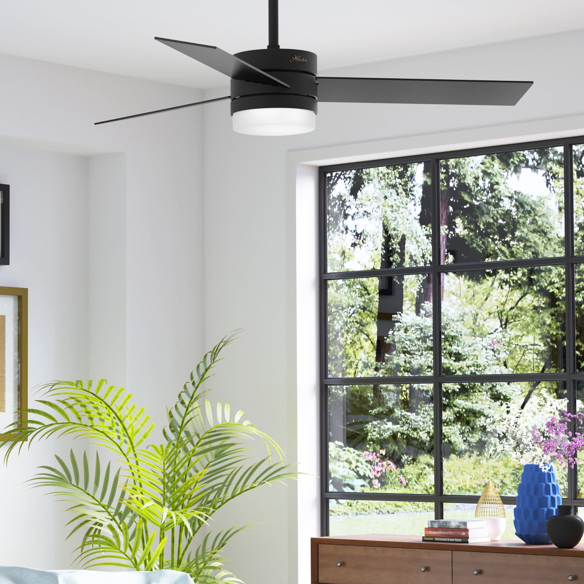 Restored Hunter Fan 54 inch Matte Black Ceiling Fan with LED Light and Remote Control for Bedroom, Living Room/Family Room, Office, Basement, Kitchen, Dining Room (Refurbished)