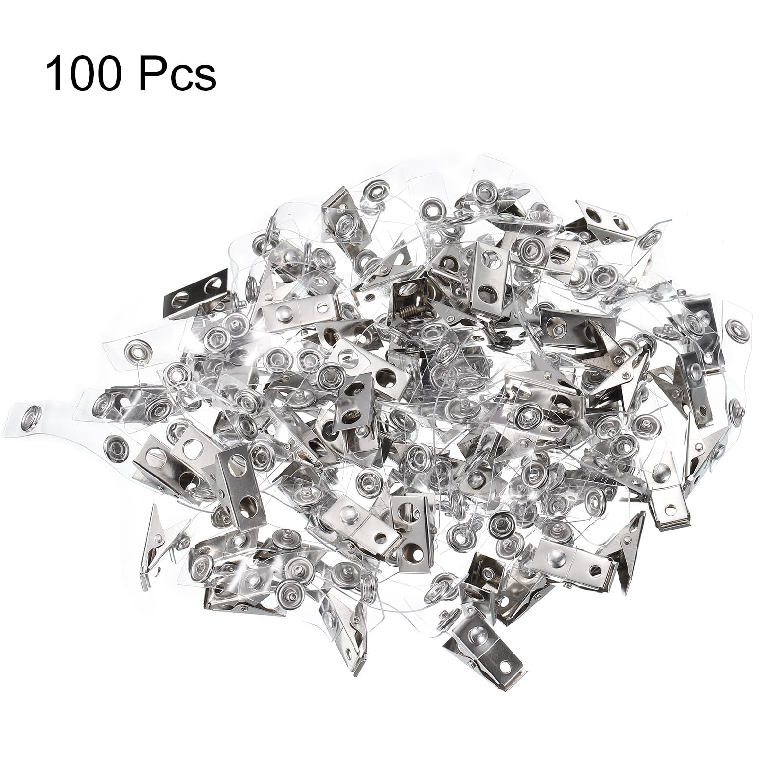 Uxcell 100Pcs Metal Badge Clips with Clear Straps Double Hole ID Badge Clips Name Tag Clips ID Strap Clip Adapter for ID Cards Name Tags Badge Holders Work Badges