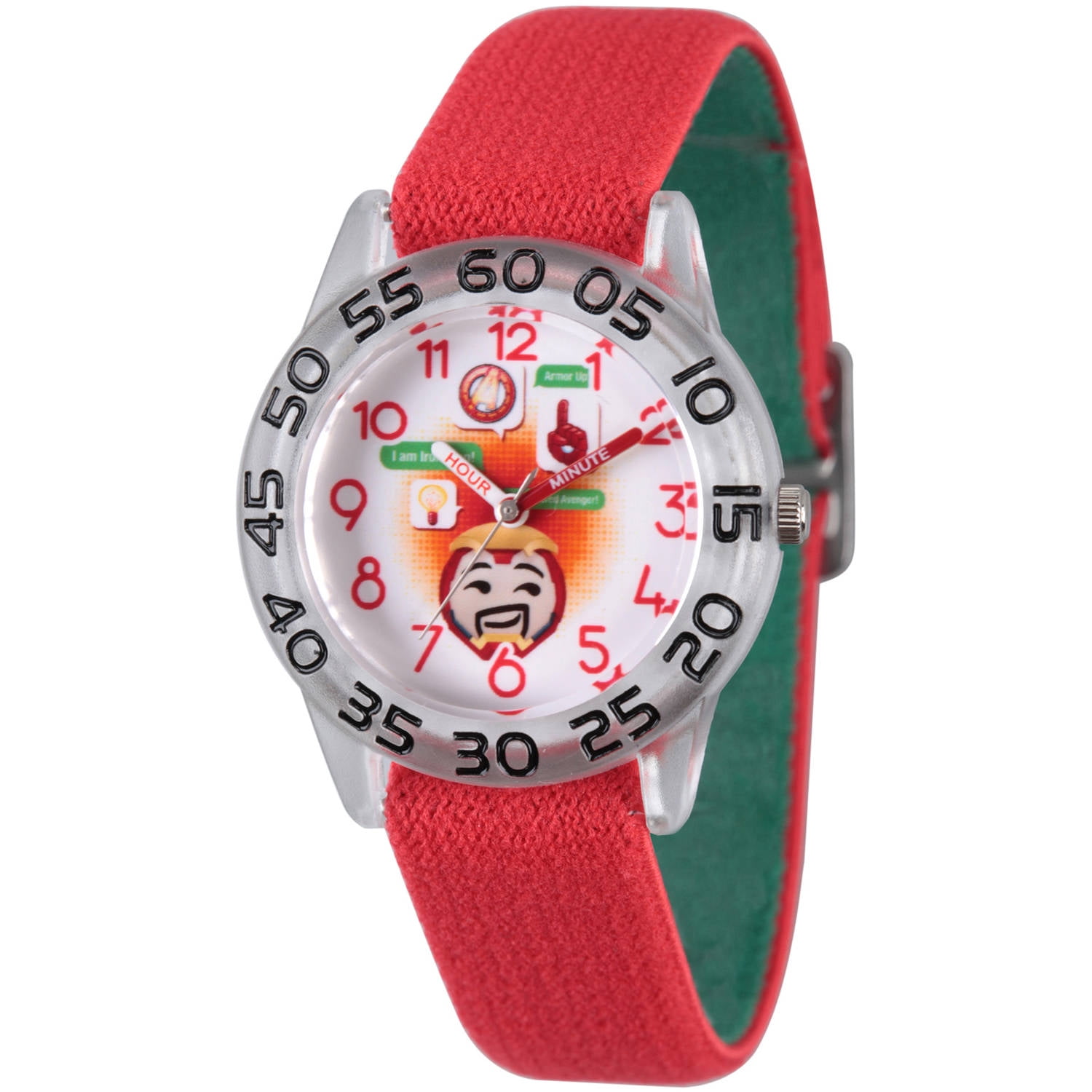 Emoji Kids' Iron Man Clear Plastic Time Teacher Watch, Reversible Red and Green Elastic Nylon Strap