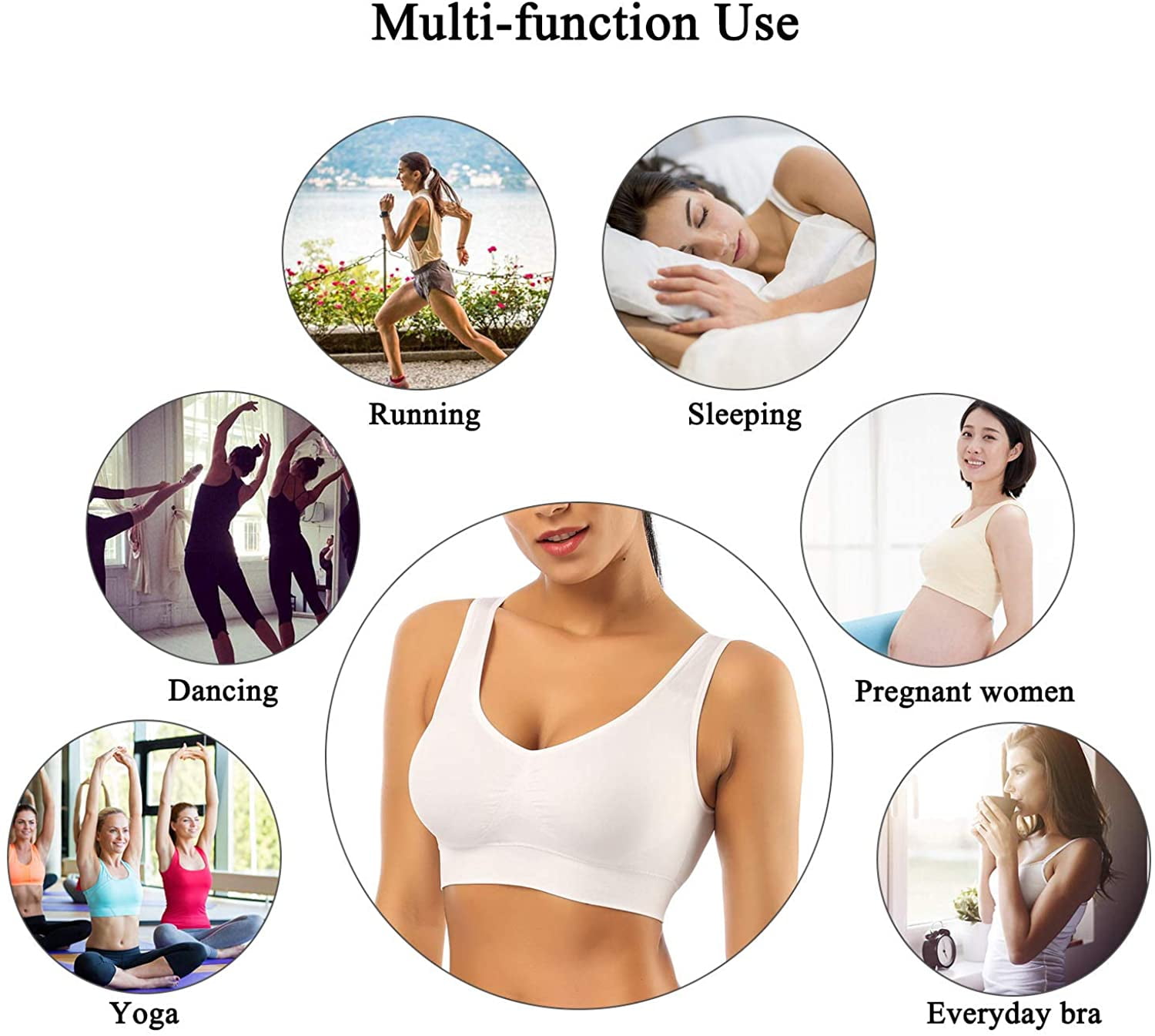 3 Pack Padded Sports Bras for Women,Ladies Seamless Yoga Bra,Comfortable Wireless Sleep Bra with Removable Pads