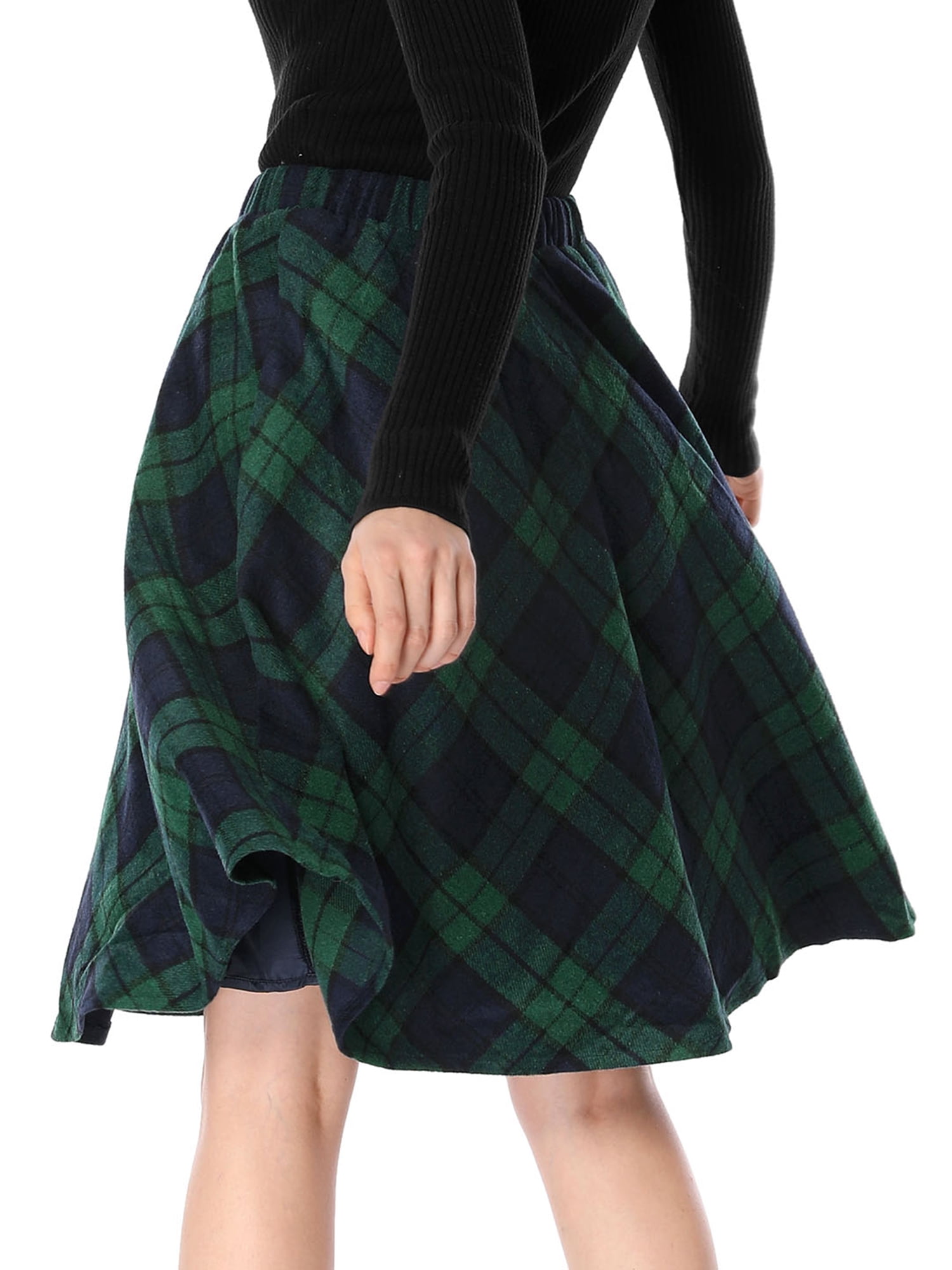 Unique Bargains Women Plaids Elastic Waist Knee Length A Line Skirt