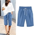 thumbnail image 2 of Aihuaihua Linen Shorts for Women Bermuda Pants Knee Length Long Shorts Solid Color Plus Size Dressy Casual Pull On with Drawstring L, 2 of 5