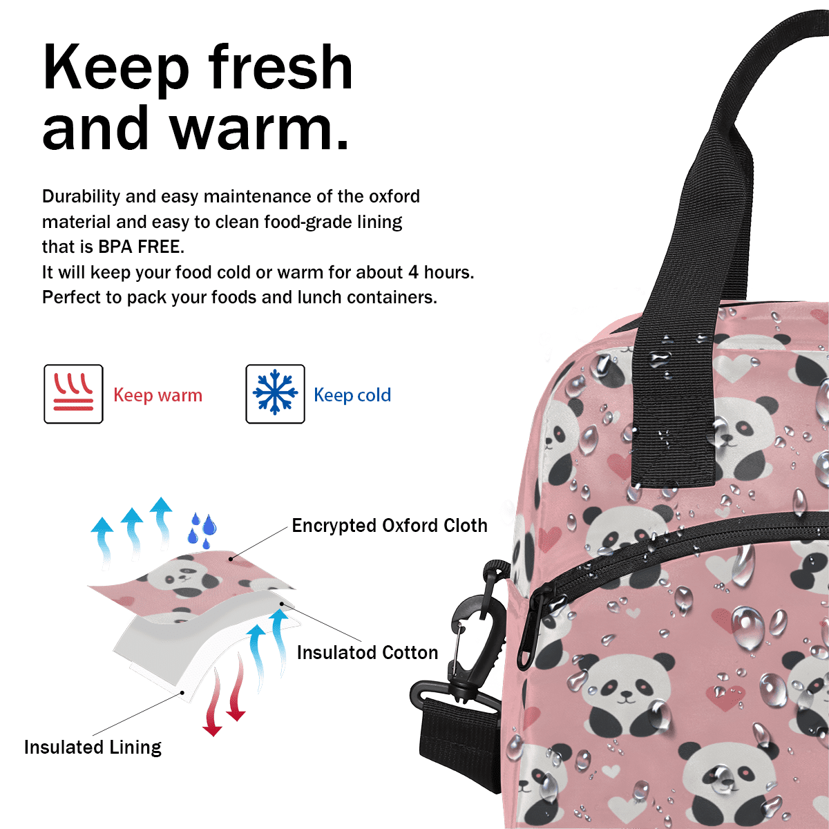 Herdesigns Cute Panda Insulated Lunch Bag for Women Men Adults Large Reusable Lunch Box Animal Panda Leakproof Cooler Tote Bags with Adjustable Shoulder Strap