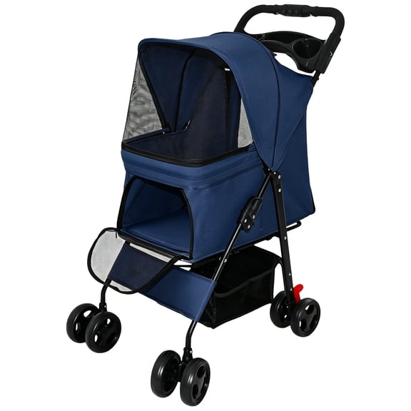 Foldable 4 Wheels Pet Stroller for Small Dogs and Cats, Pet Rolling Carrier with Storage Basket & Breathable Mesh