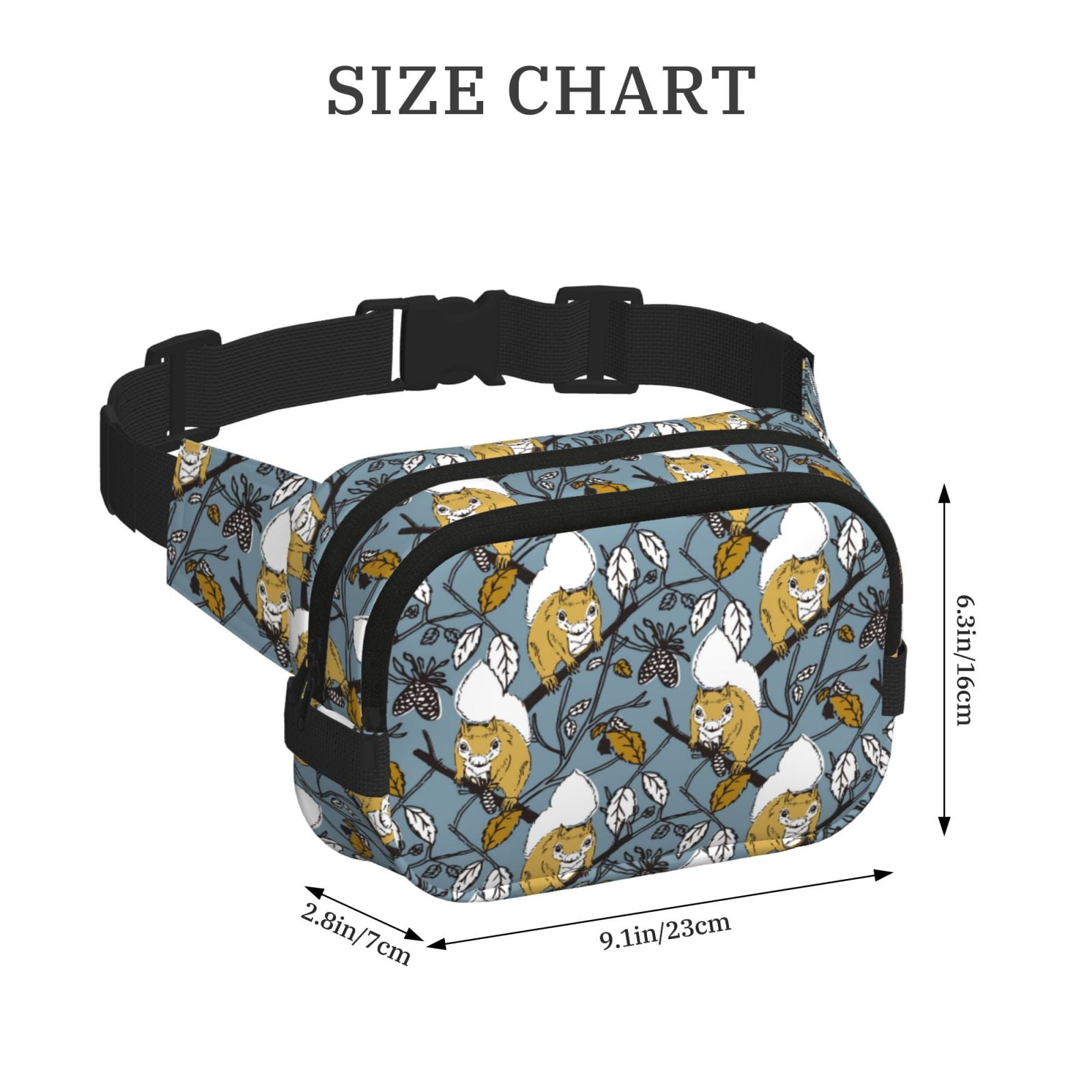 Picia Cartoon Squirrel on Branch Print Square Double-Layer Waist Bag Mini Adjustable Waist Belt Bag Exercise Running Travel Hiking