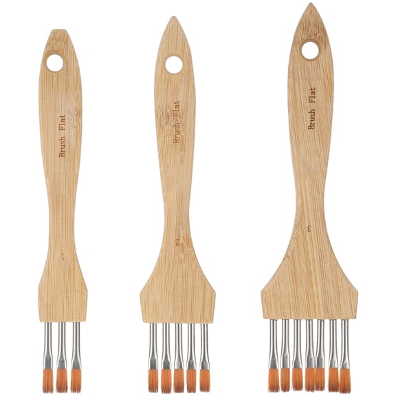 3 Pcs Flat Head Paint Brush Set, Multi-tooth Comb Mop Brush with Beech Wood Handle Nylon & Wool Blend Bristles for Oil Painting, Acrylic, Watercolor, Gouache Arts Crafts