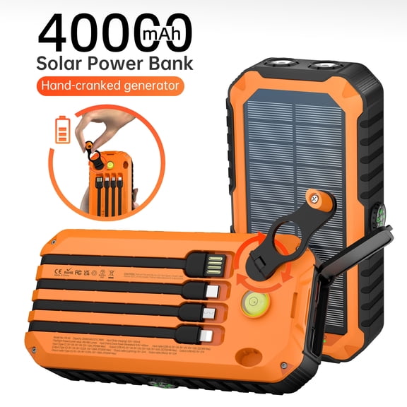 Solar Charger Power Bank 40000mAh with Built-in 4 Cables & Hand Crank, 22.5W Fast Charging Outdoor Battery Pack with Flashlight & Compass(Orange)