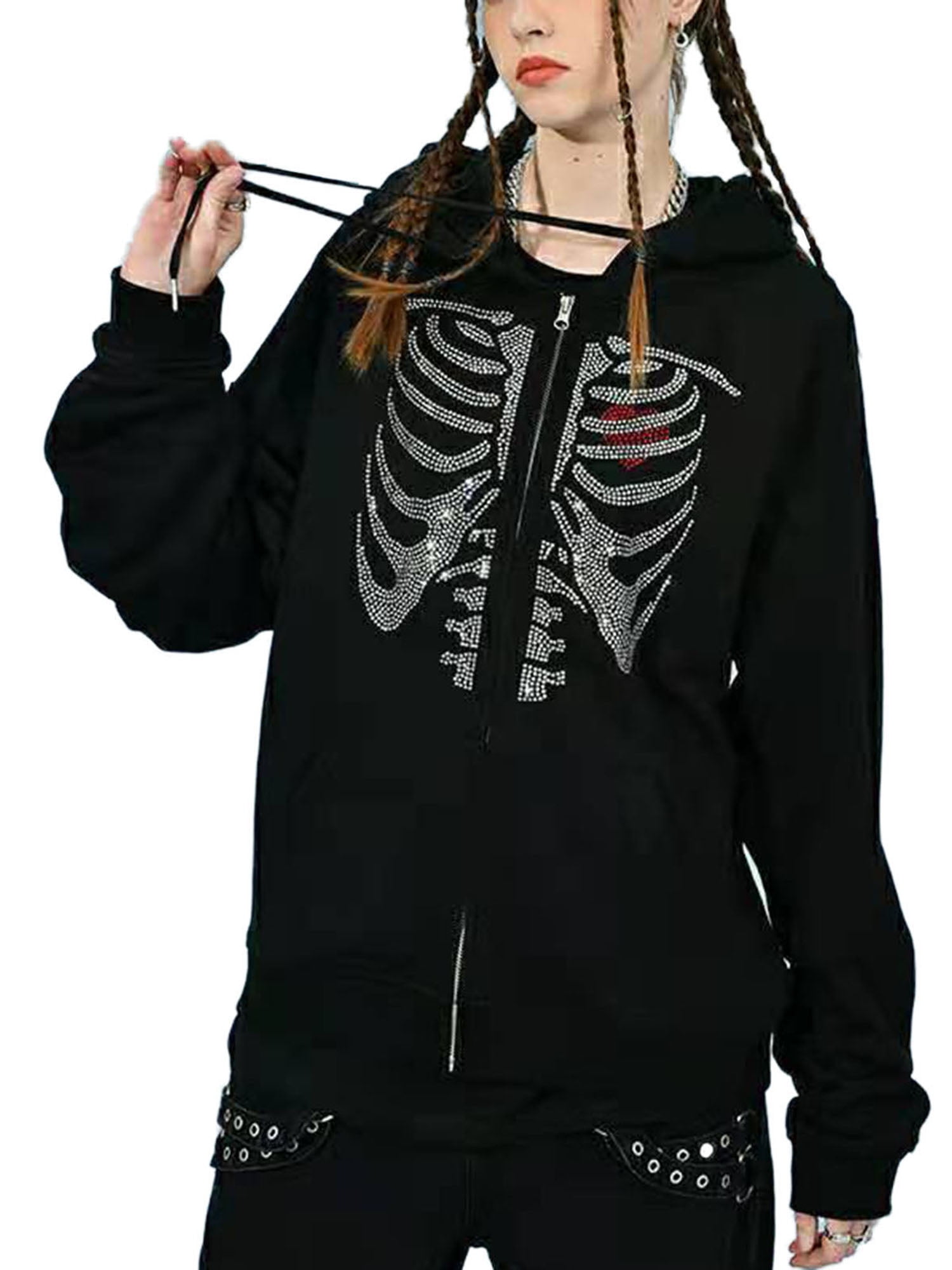 Womens Rhinestone Skull Hoodies Pullover Skeleton Zip Up Sweatshirt Jacket