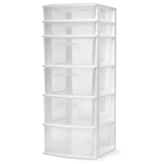 Drawer Tower, 6-Tier Clear Plastic Storage Organizer Cart, White Frame - Heavy-Duty Organizing Drawers for Home, Bedroom, and Closet Organization