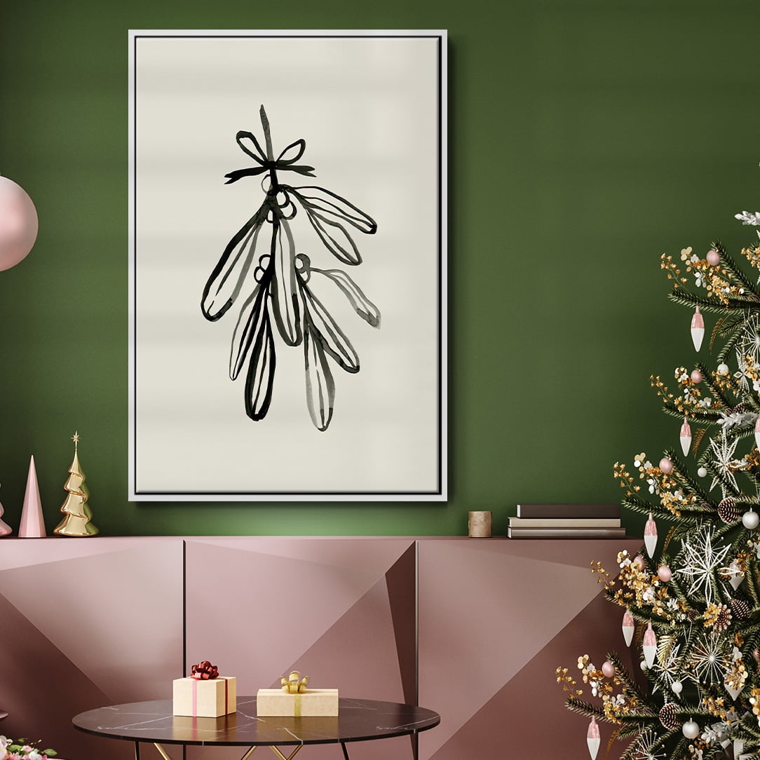 Mistletoe Sketch with Bows I - Framed Gallery Wrapped Holiday Canvas - 27 x 41 - White Frame