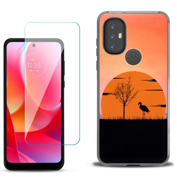 Slim-Fit Gel TPU Phone Case for Motorola Moto G Power 2022, with Tempered Glass Screen Protector, by OneToughShield ® - Sunset Flamingo