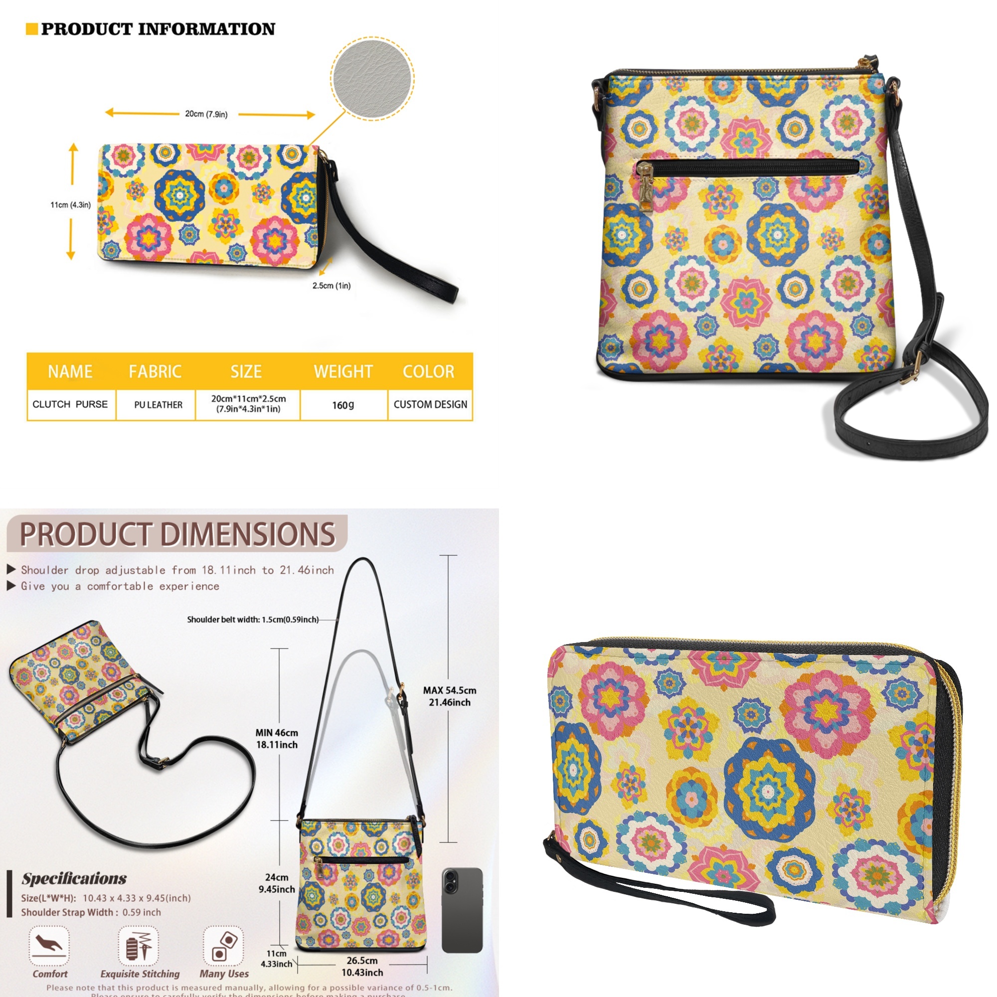 ZUXONGSY Boho Mandala Print Hobo Crossbody Bag Set for Women Lady, Leather Satchel Purse Multi Pocket Crossbody Shoulder Handbag Medium Size Messenger Bag with Adjustable Strap