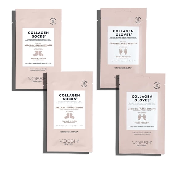 Guantes y calcetines de colágeno Voesh: aceite de argán con infusión de colágeno, paquete de 4, 2 paquetes de guantes, 2 paquetes de calcetines en casa, spa, cuidado corporal, guantes y calcetines hid