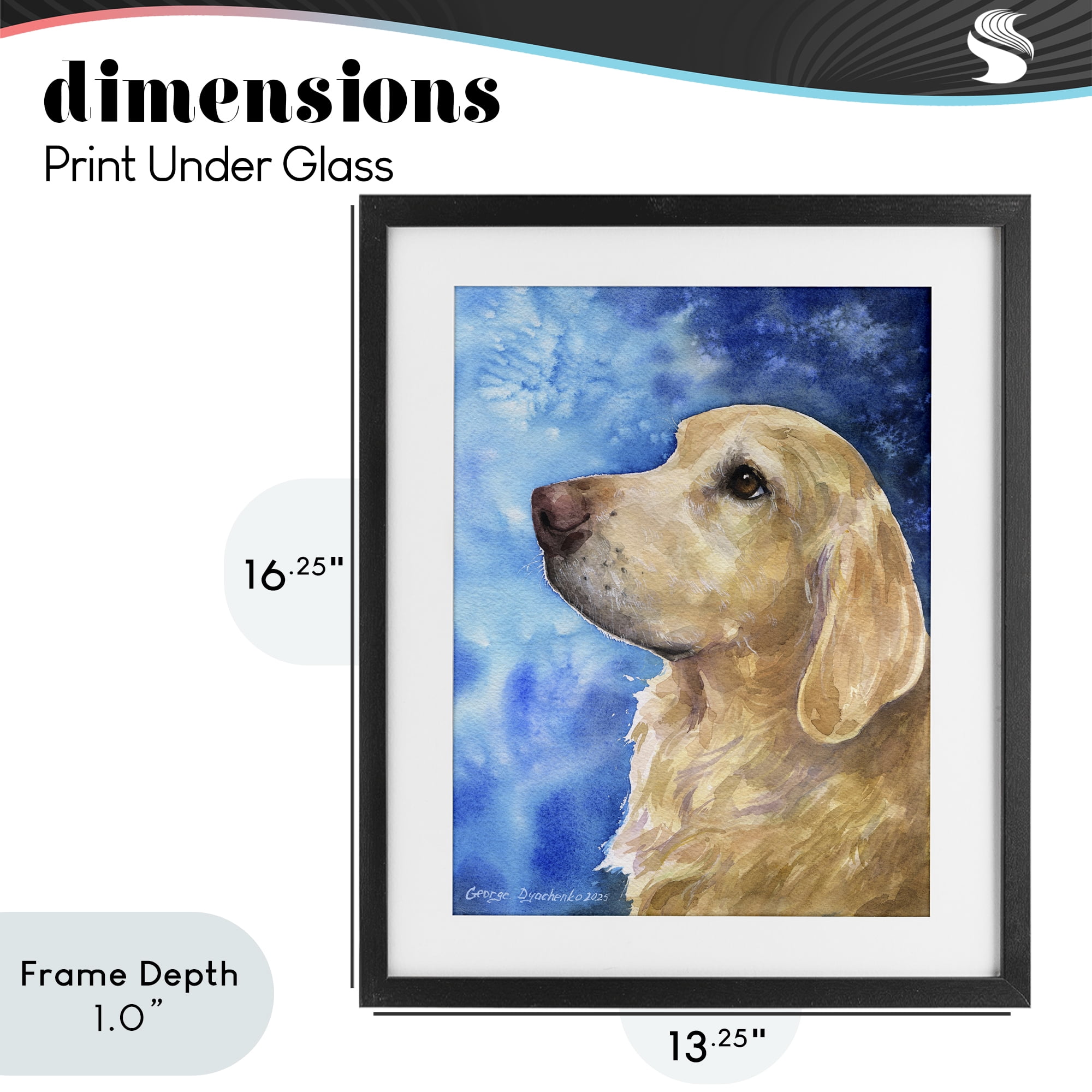 Stupell Industries Golden Retriever Portrait on Azure Black Framed Print Under Glass, design by George Dyachenko