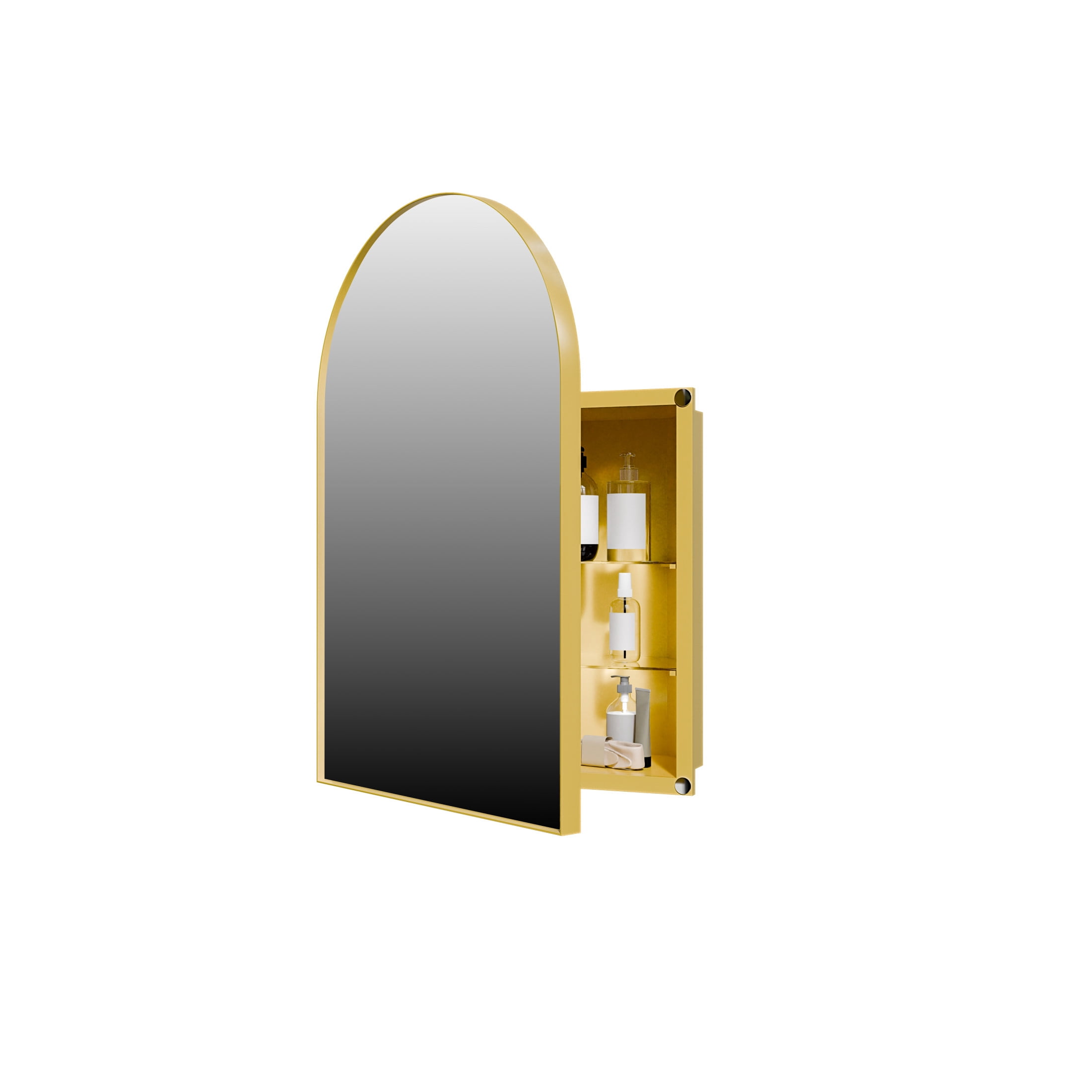 Noble House 18" Corner Medicine Cabinet, Arched Mirror, Metal Frame, Adjustable Glass Shelves, for Small Spaces, Golden