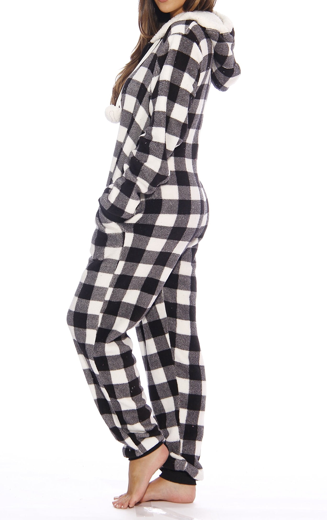 Just Love Buffalo Plaid Adult Bodysuit Faux Shearling Lined Hoody One Piece Pajamas (White Buffalo Plaid, X-Small)