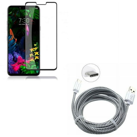 G8 ThinQ 6ft USB Cable w Screen Protector - Type-C Charger Cord Power Wire USB-C, Tempered Glass 3D Curved Edge Case Friendly Full Cover for LG G8 ThinQ Phone