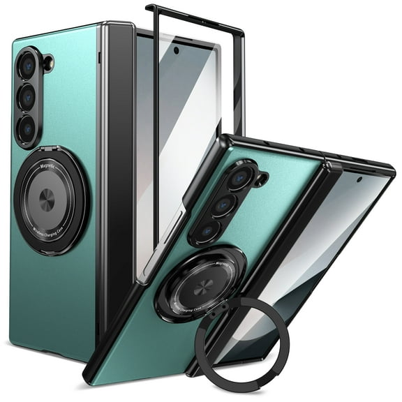 For Samsung Galaxy Z Fold 4 Case with Screen Protector, Ring Holder Kickstand Shockproof Rugged Full Body Protective Anti-Scratch Phone Case for Samsung Galaxy Z Fold 4, Green