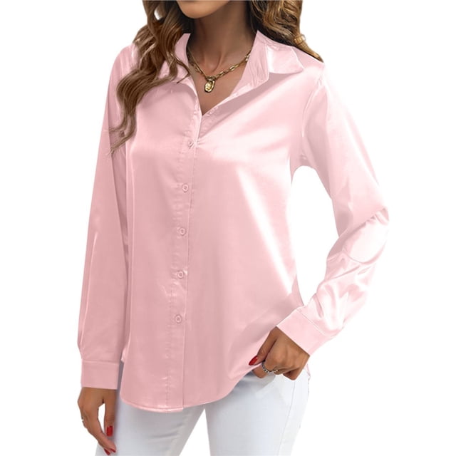Blusas de Satén para Mujer, Camisas de Seda con Botones, Blusas Informales de Larga para Negocios Rosa S