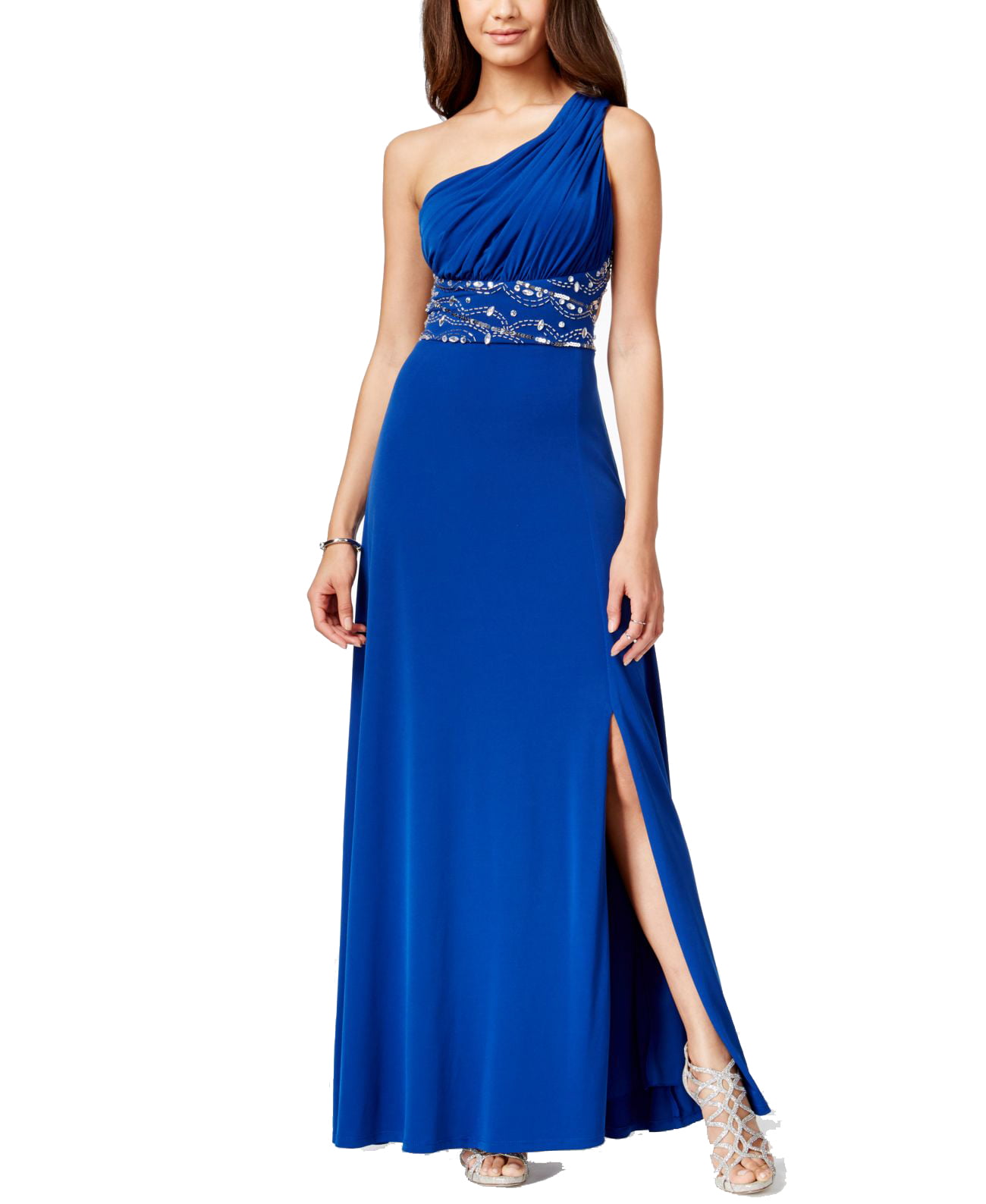 JS Boutique Womens One Shoulder Jersey Gown with Beaded Waist Trim