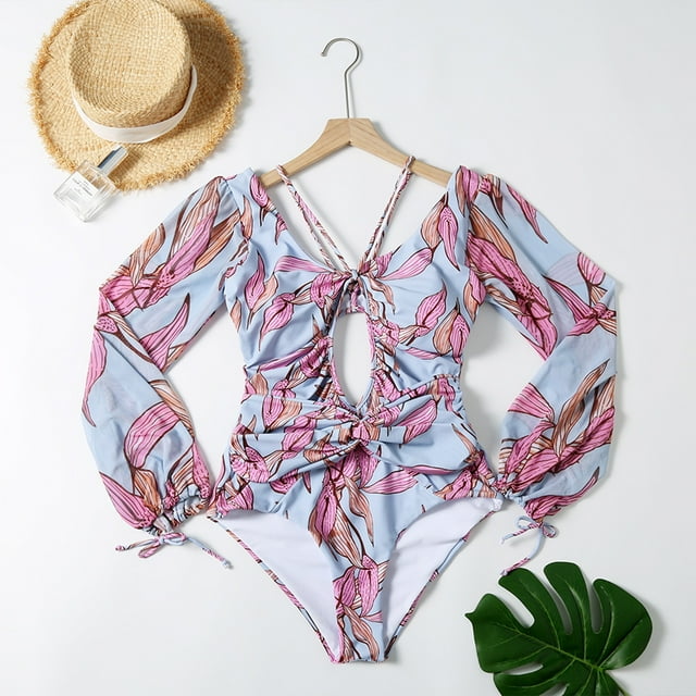 Maillot de Bain Femme Col en V Imprimé Bandage Manches Longues une Pièce Bikini