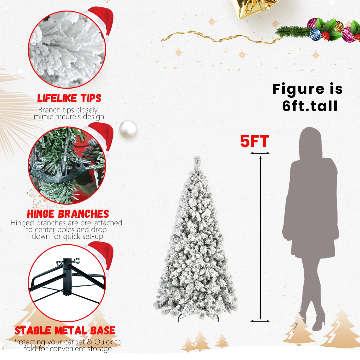 Euroco 9FT Flocked Christmas Tree with 1964 Tips – Snowy PVC & Hard Needle Branches, Hinged Structure for Easy Setup, Stable Metal Stand – Realistic Full-Body Holiday Tree