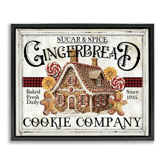 Stupell Industries Gingerbread Vintage Sign Holiday Painting Black Floater Framed Canvas Art Prints Wall Art, 21 x 17