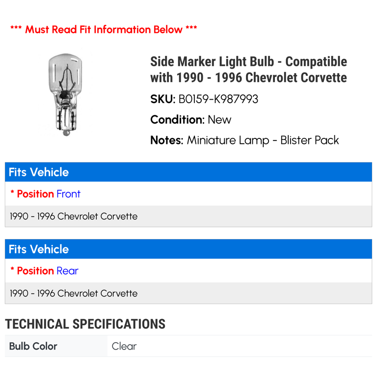 Side Marker Light Bulb - Compatible with 1990 - 1996 Chevy